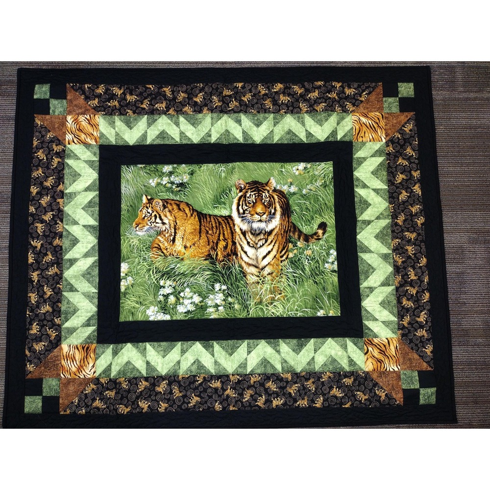 Hand Quilted Tiger Tapestry Wall Hanging Quilt 49.5"x41.5"